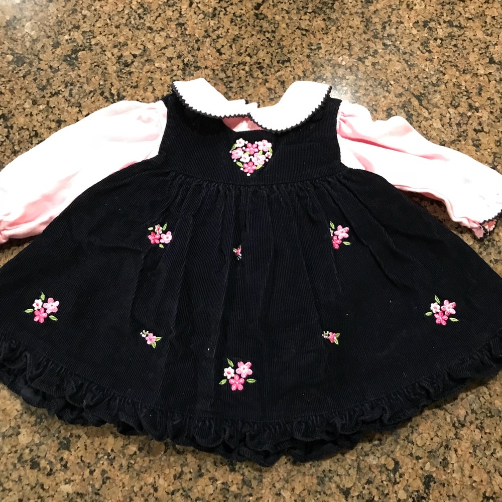 Blue corduroy dress with pink onesie